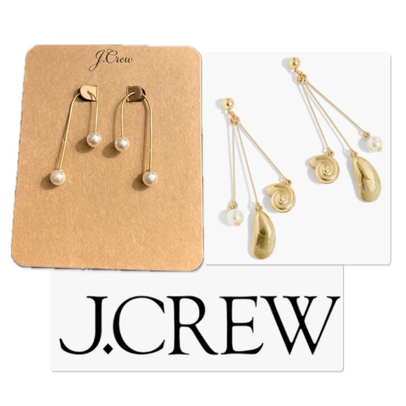 NEW Lot of 2x [J. Crew] Seashell Drop & Pearl Thread-Through Earrings, Gold - Picture 2 of 8